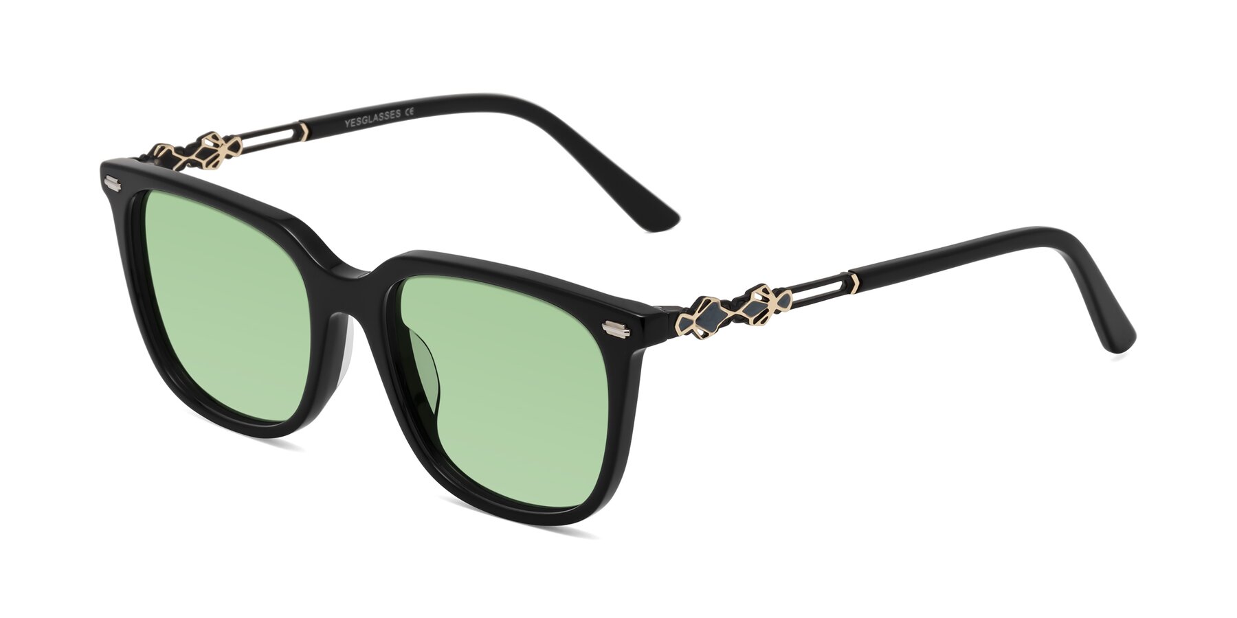 Angle of Dahlia in Black with Medium Green Tinted Lenses