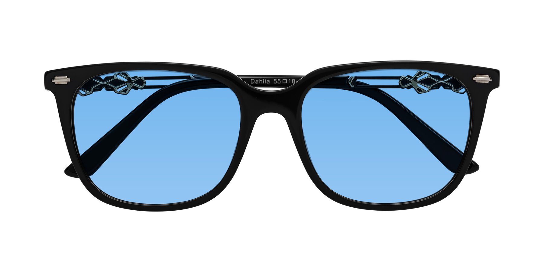 Folded Front of Dahlia in Black with Medium Blue Tinted Lenses