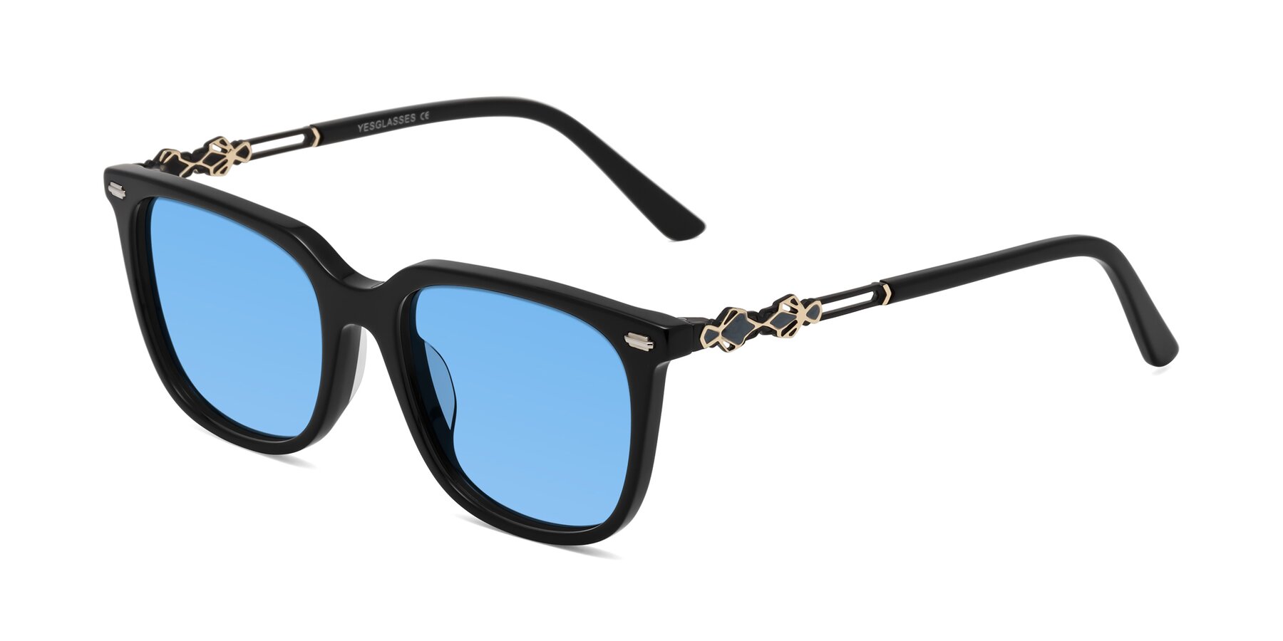 Angle of Dahlia in Black with Medium Blue Tinted Lenses