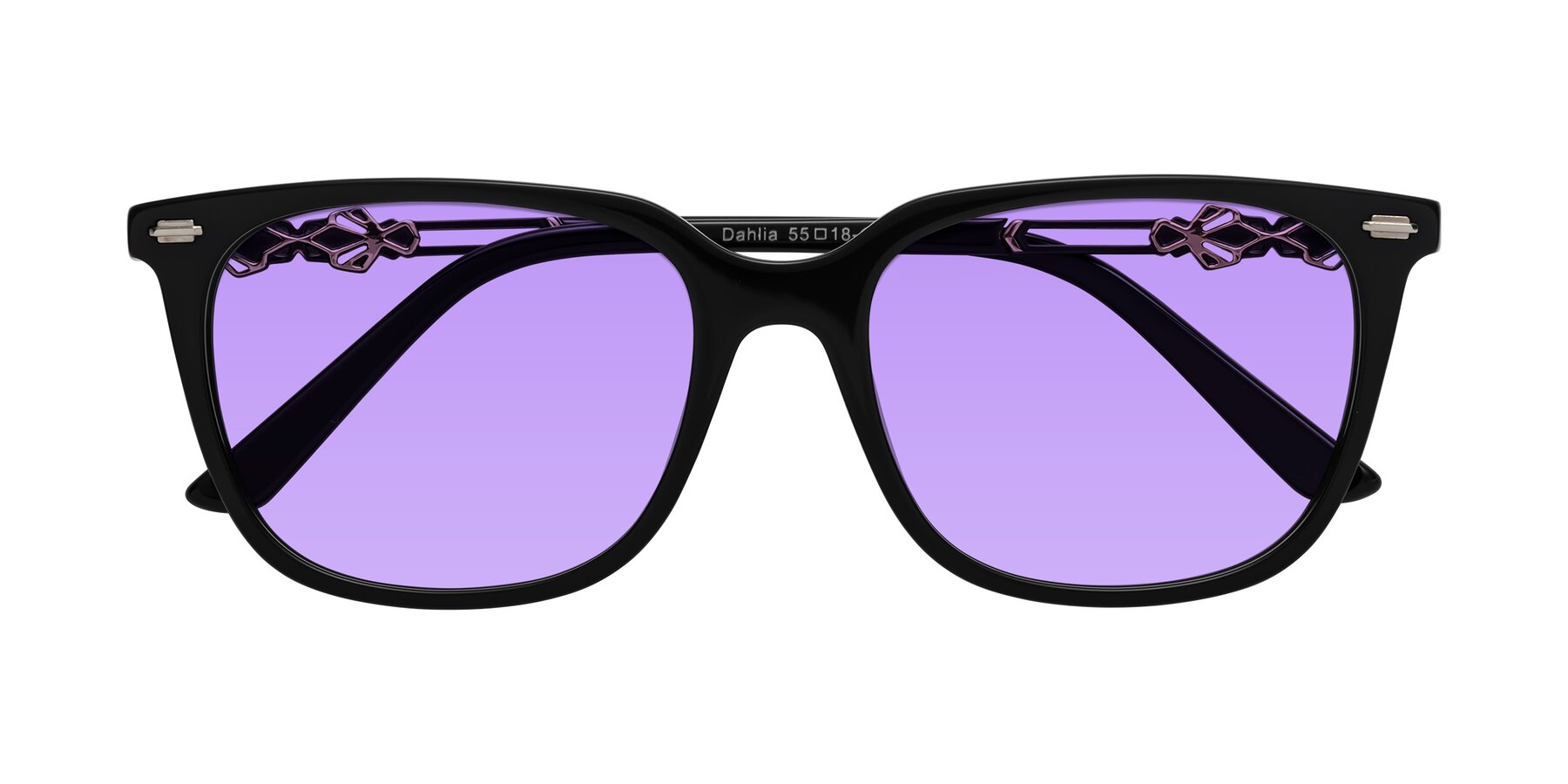 Folded Front of Dahlia in Black with Medium Purple Tinted Lenses