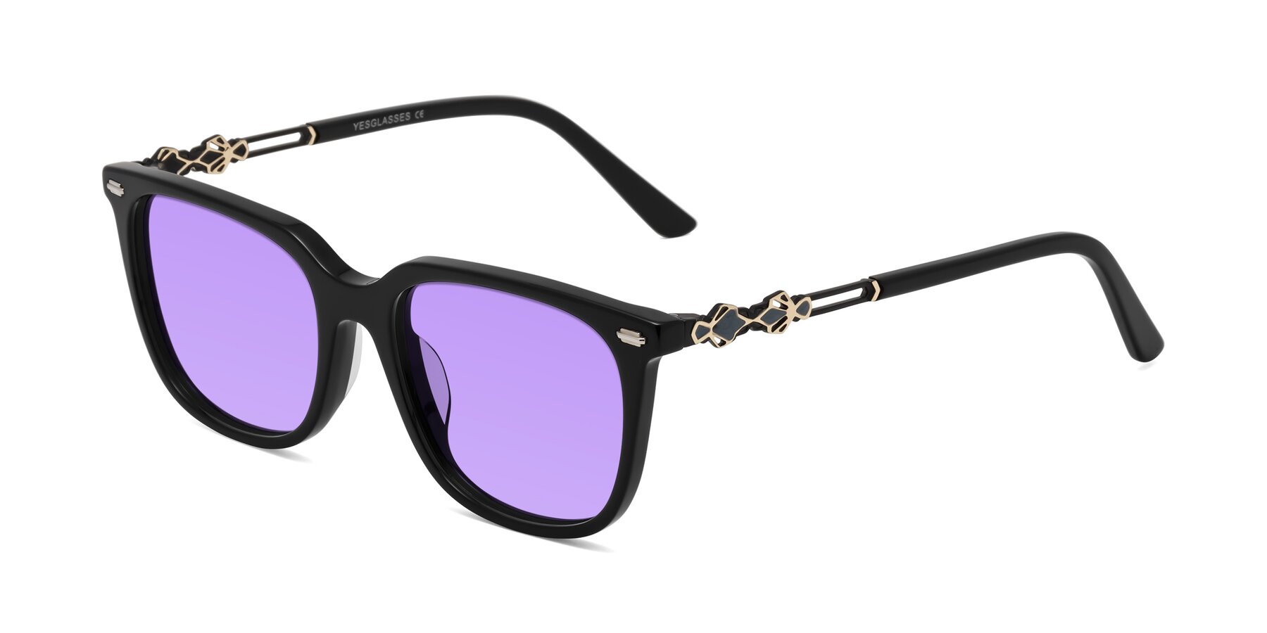 Angle of Dahlia in Black with Medium Purple Tinted Lenses