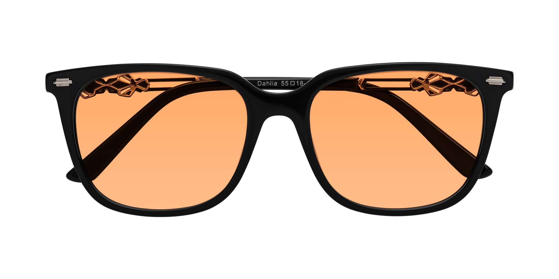 Folded Front of Dahlia in Black with Medium Orange Tinted Lenses