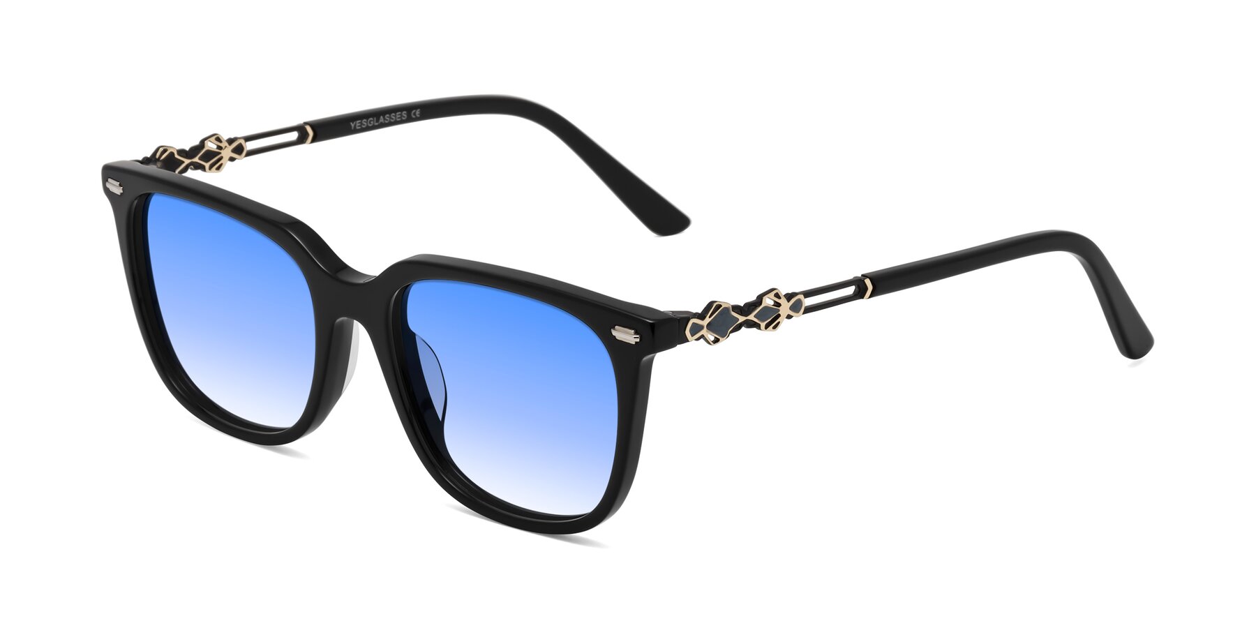 Angle of Dahlia in Black with Blue Gradient Lenses