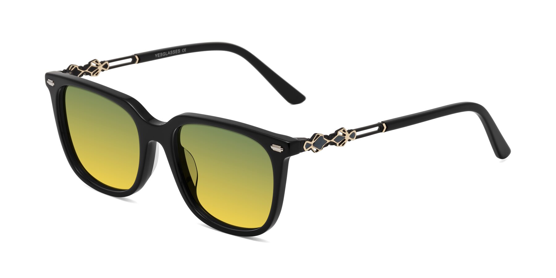 Angle of Dahlia in Black with Green / Yellow Gradient Lenses