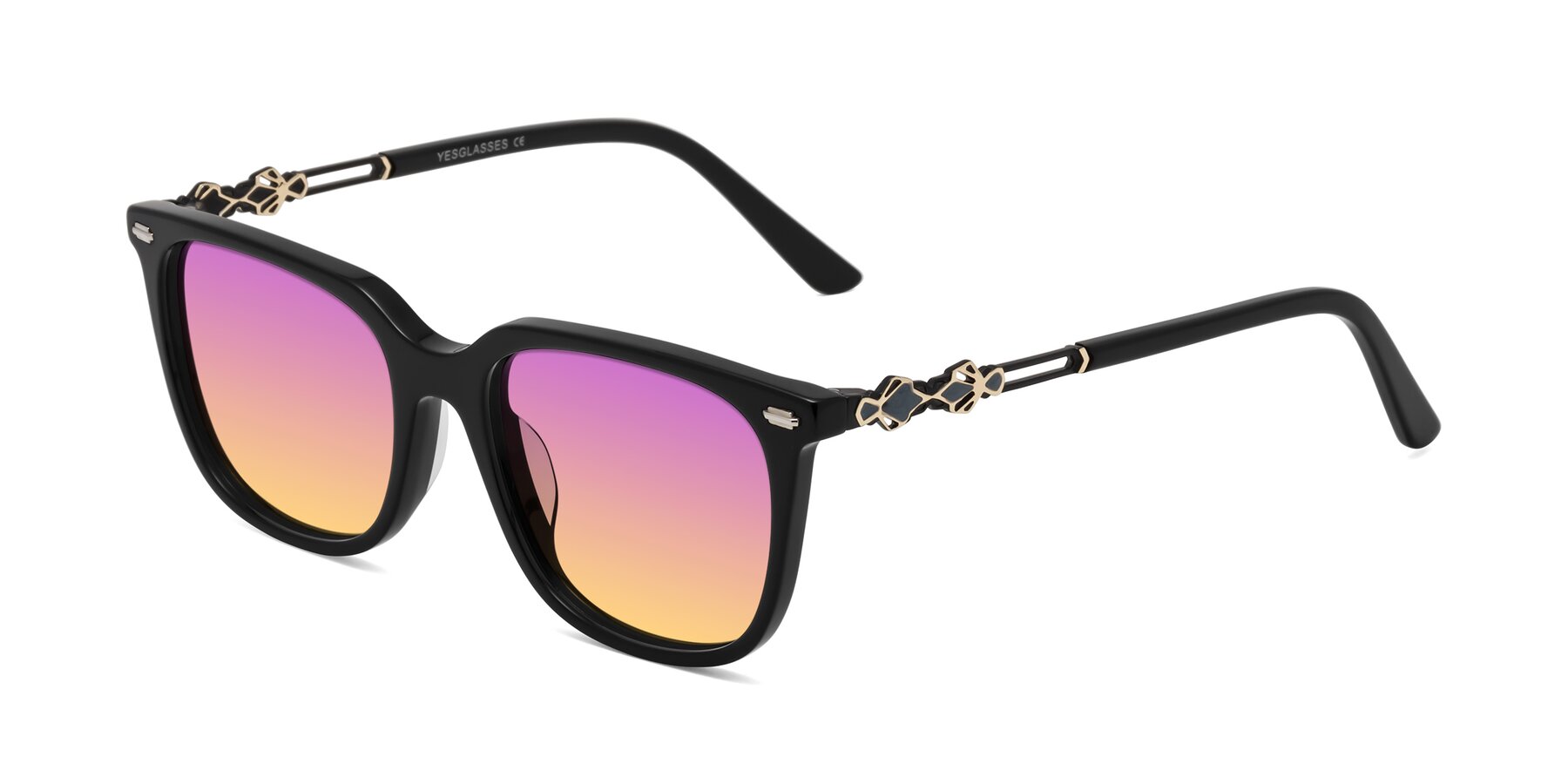 Angle of Dahlia in Black with Purple / Yellow Gradient Lenses