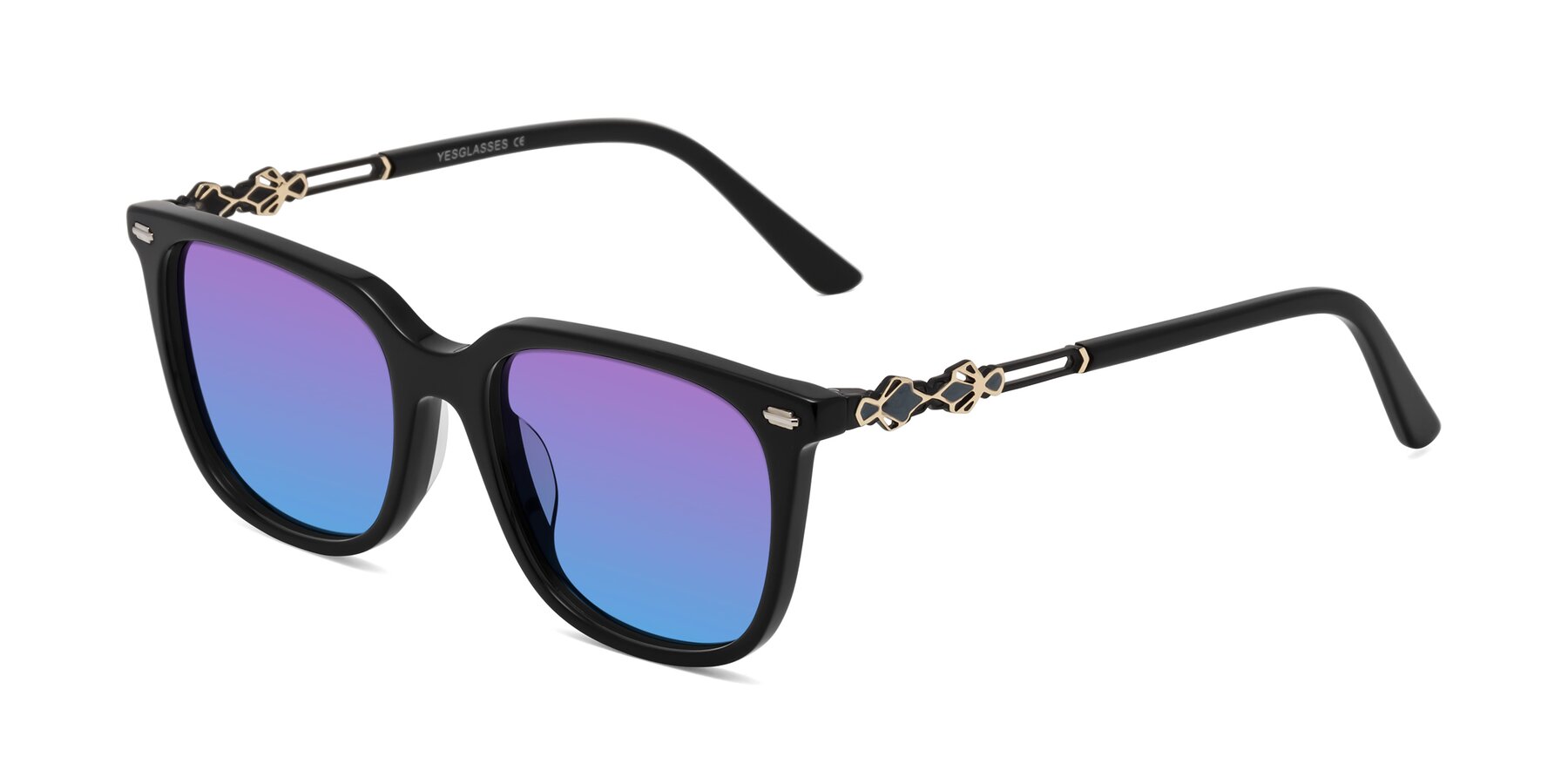 Angle of Dahlia in Black with Purple / Blue Gradient Lenses