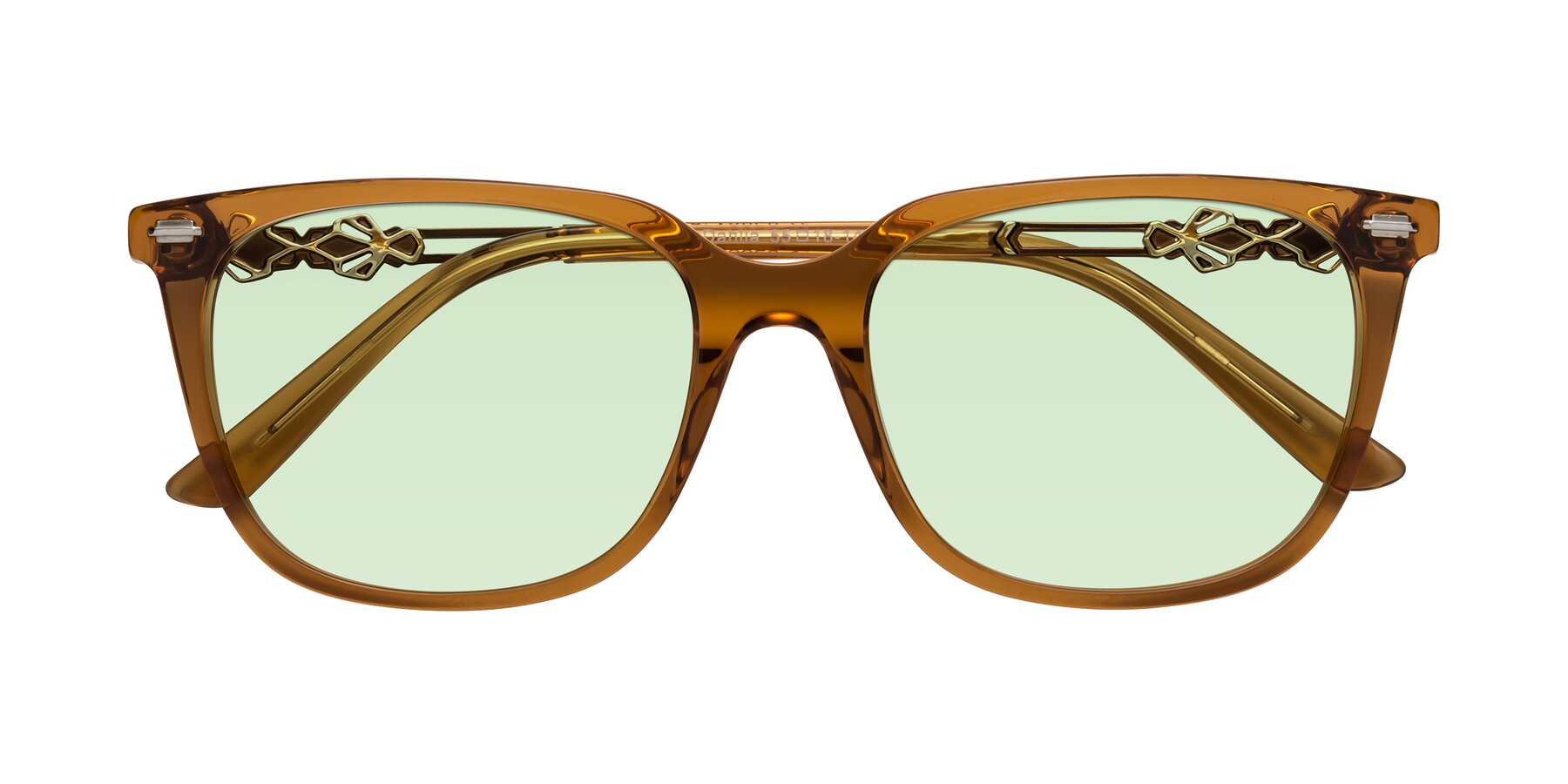 Folded Front of Dahlia in Maple Syrup with Light Green Tinted Lenses