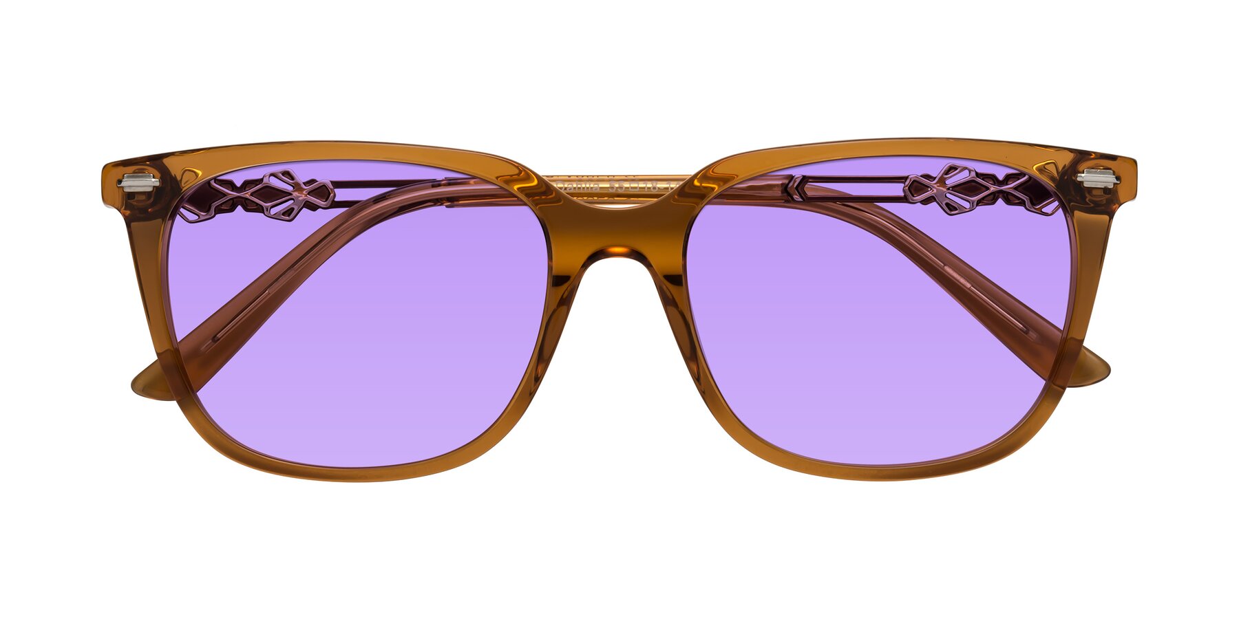 Folded Front of Dahlia in Maple Syrup with Medium Purple Tinted Lenses