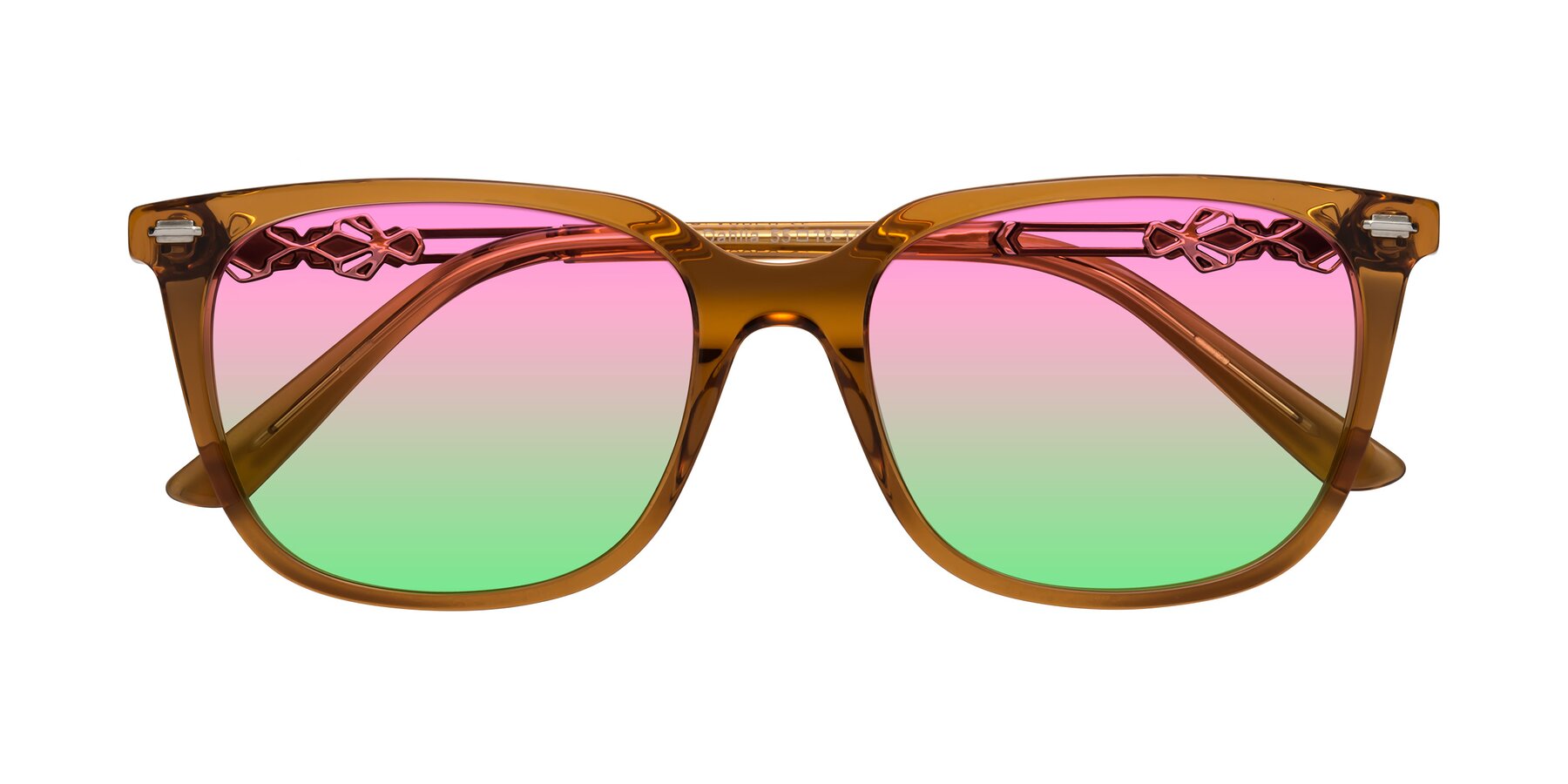 Folded Front of Dahlia in Maple Syrup with Pink / Green Gradient Lenses