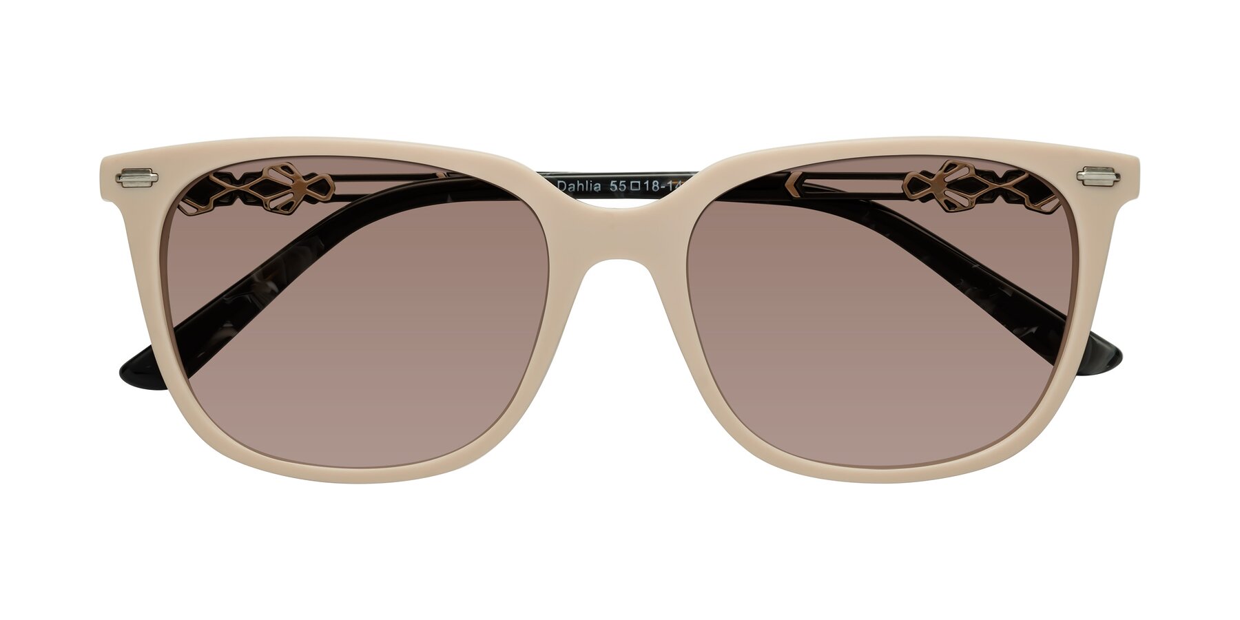 Folded Front of Dahlia in Ivory pink with Medium Brown Tinted Lenses