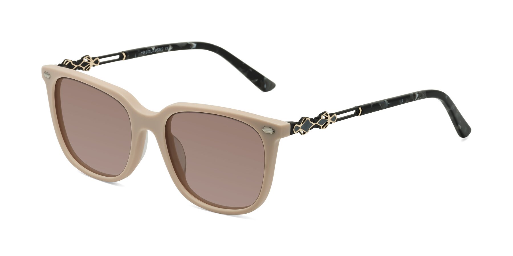 Angle of Dahlia in Ivory pink with Medium Brown Tinted Lenses