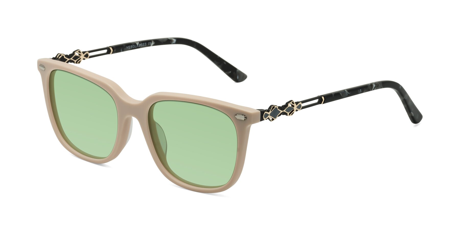 Angle of Dahlia in Ivory pink with Medium Green Tinted Lenses