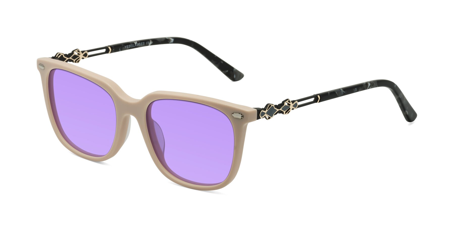 Angle of Dahlia in Ivory pink with Medium Purple Tinted Lenses