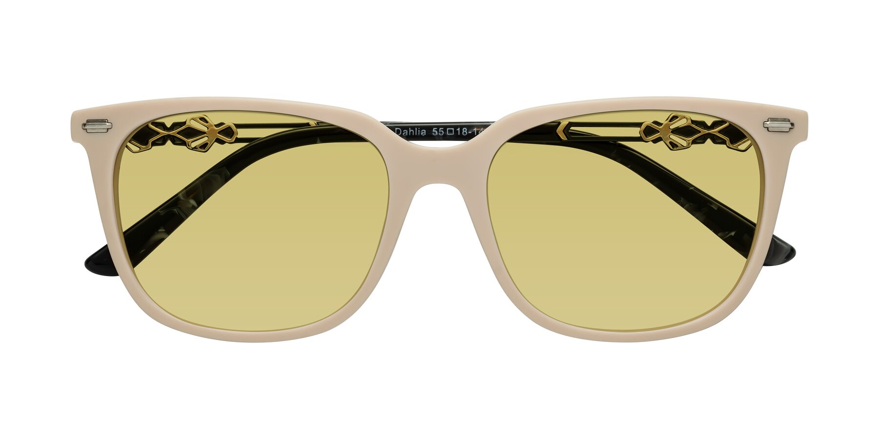 Folded Front of Dahlia in Ivory pink with Medium Champagne Tinted Lenses