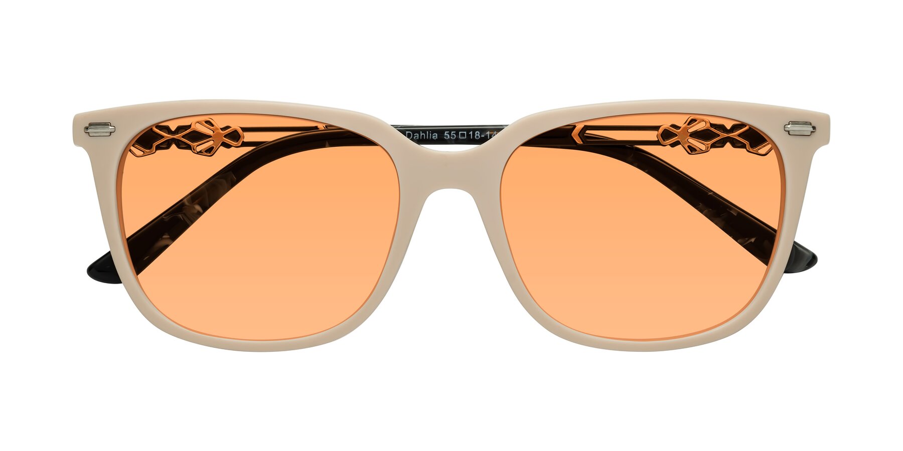 Folded Front of Dahlia in Ivory pink with Medium Orange Tinted Lenses