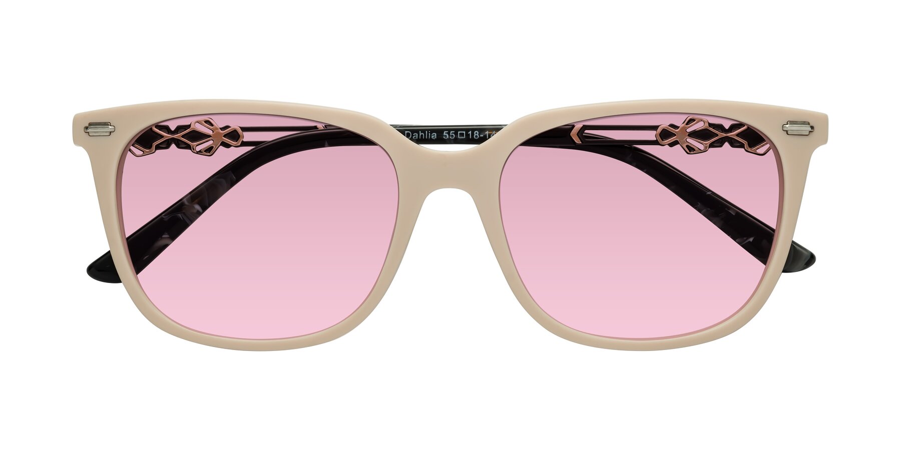 Folded Front of Dahlia in Ivory pink with Light Wine Tinted Lenses