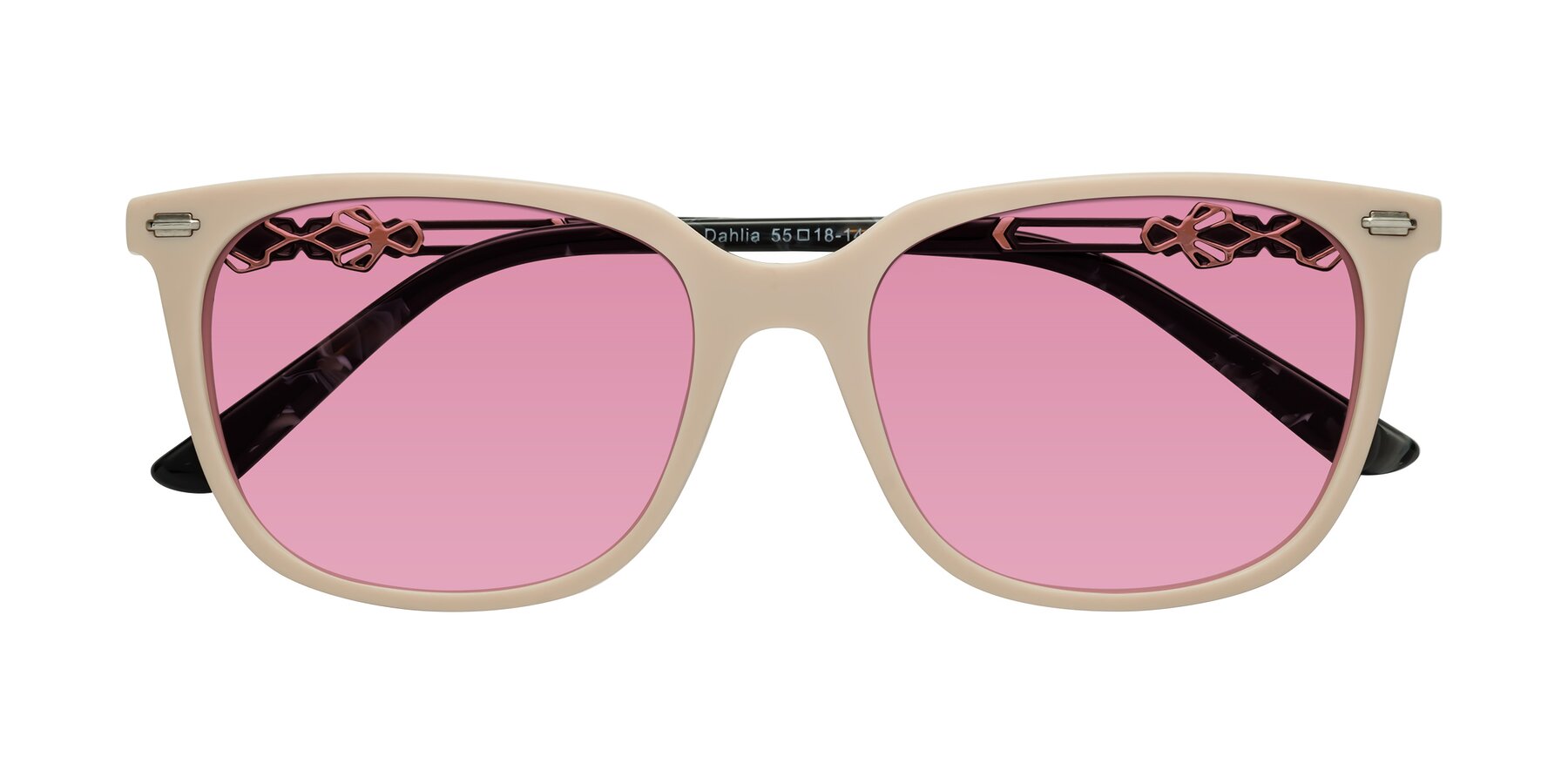 Folded Front of Dahlia in Ivory pink with Medium Wine Tinted Lenses