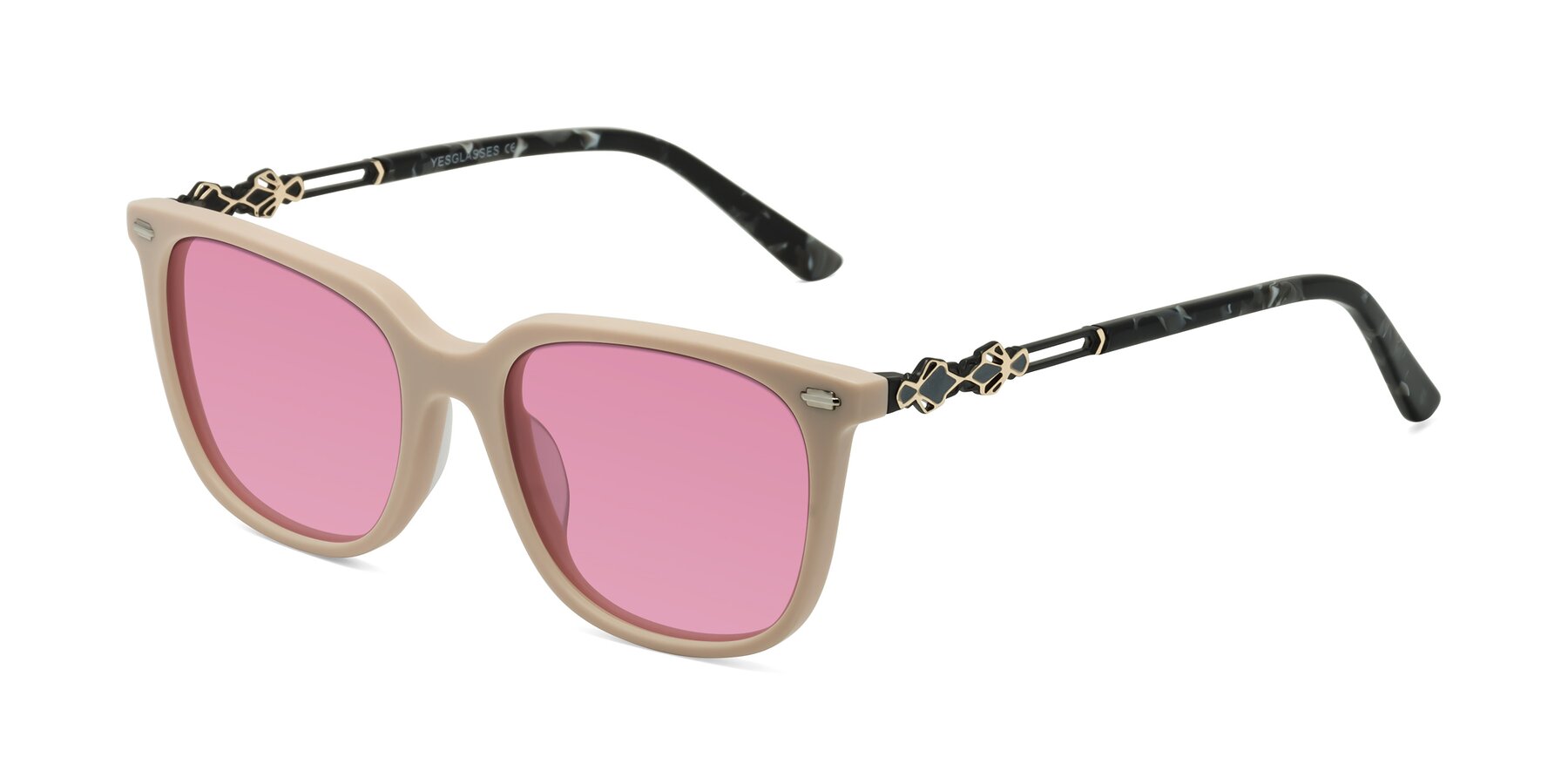 Angle of Dahlia in Ivory pink with Medium Wine Tinted Lenses