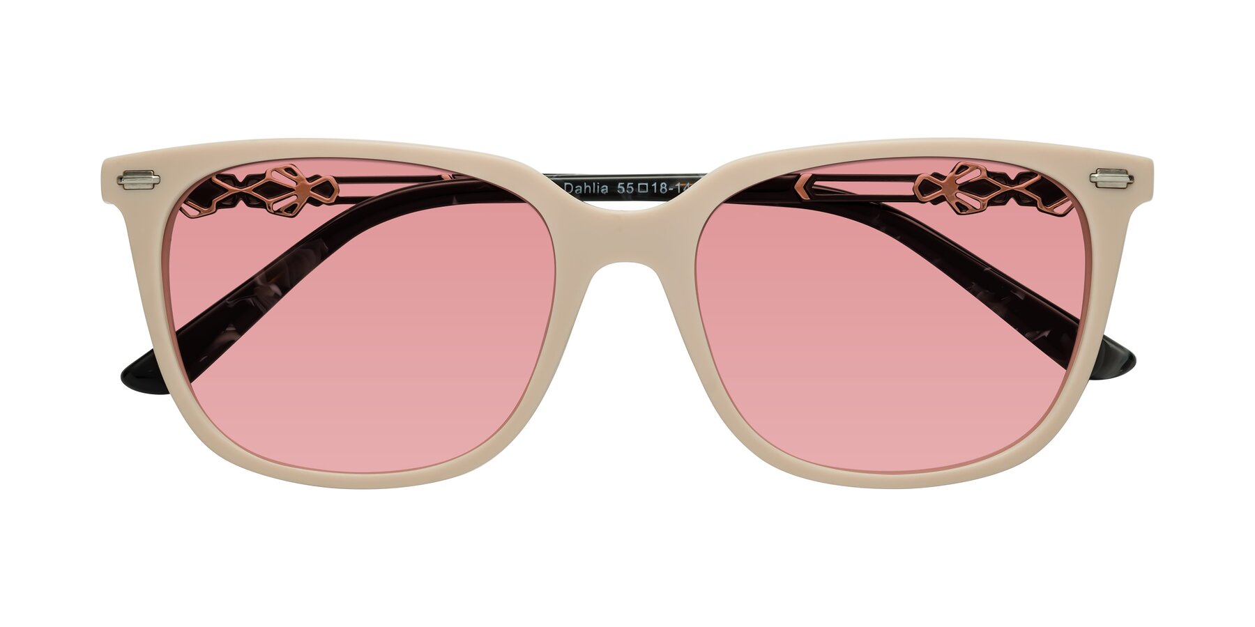 Folded Front of Dahlia in Ivory pink with Medium Garnet Tinted Lenses