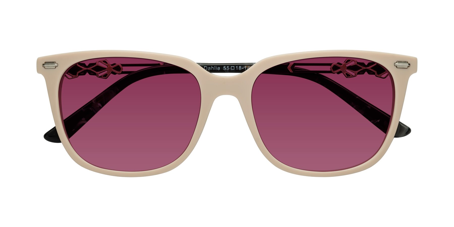 Folded Front of Dahlia in Ivory pink with Wine Tinted Lenses