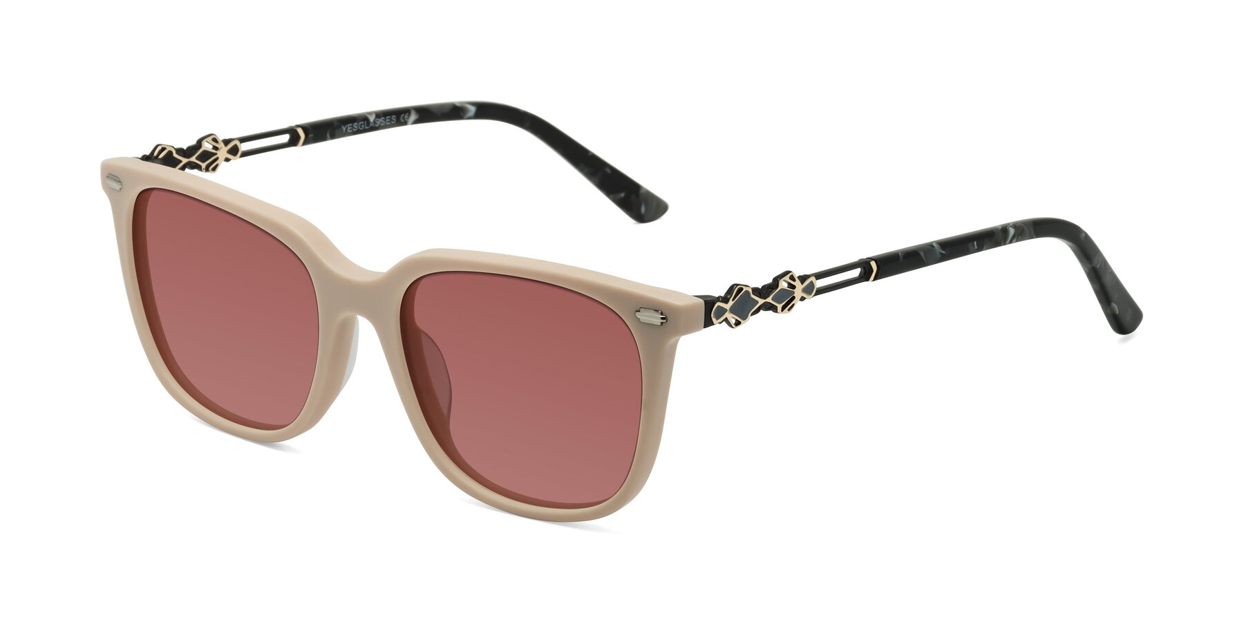 Angle of Dahlia in Ivory pink with Garnet Tinted Lenses