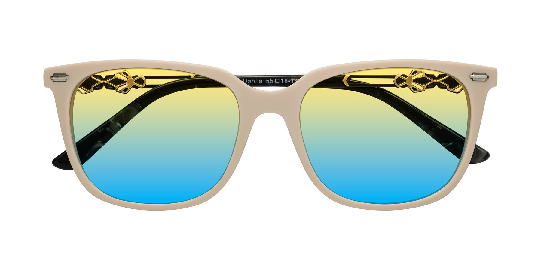 Folded Front of Dahlia in Ivory pink with Yellow / Blue Gradient Lenses