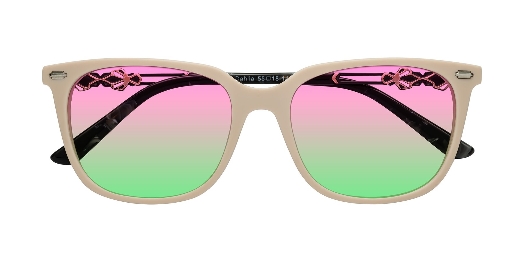 Folded Front of Dahlia in Ivory pink with Pink / Green Gradient Lenses