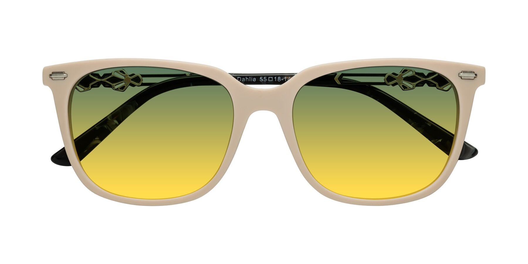 Folded Front of Dahlia in Ivory pink with Green / Yellow Gradient Lenses