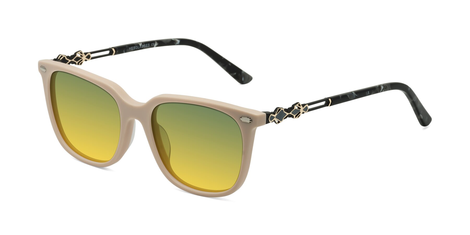 Angle of Dahlia in Ivory pink with Green / Yellow Gradient Lenses