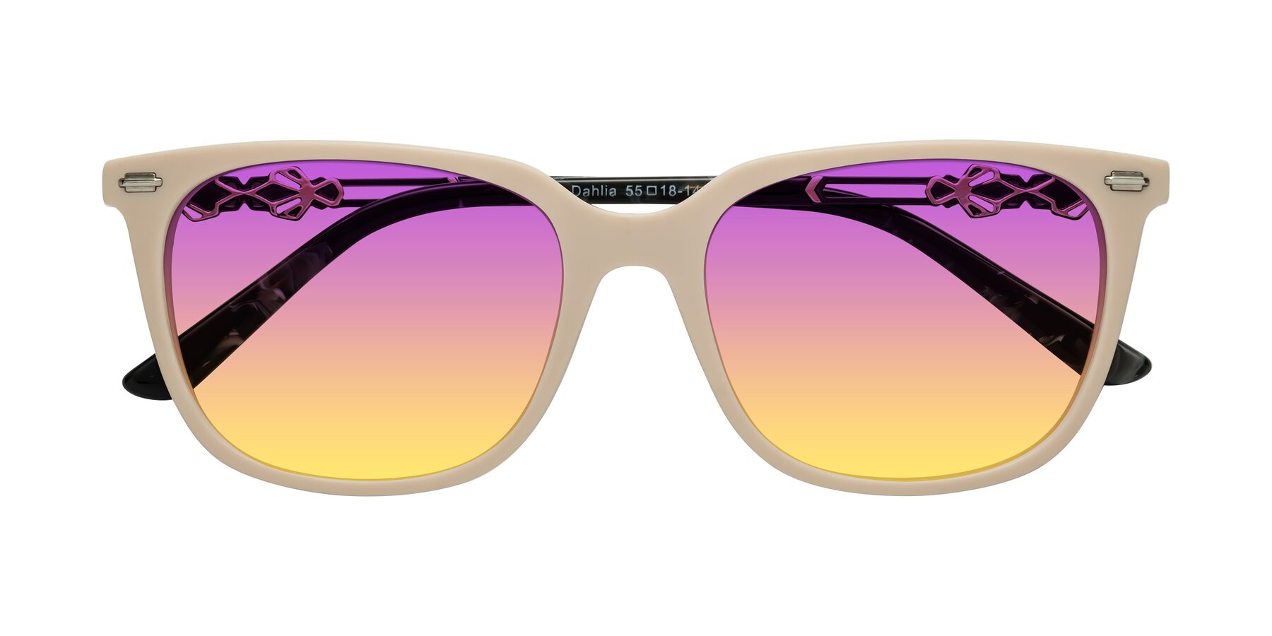 Folded Front of Dahlia in Ivory pink with Purple / Yellow Gradient Lenses