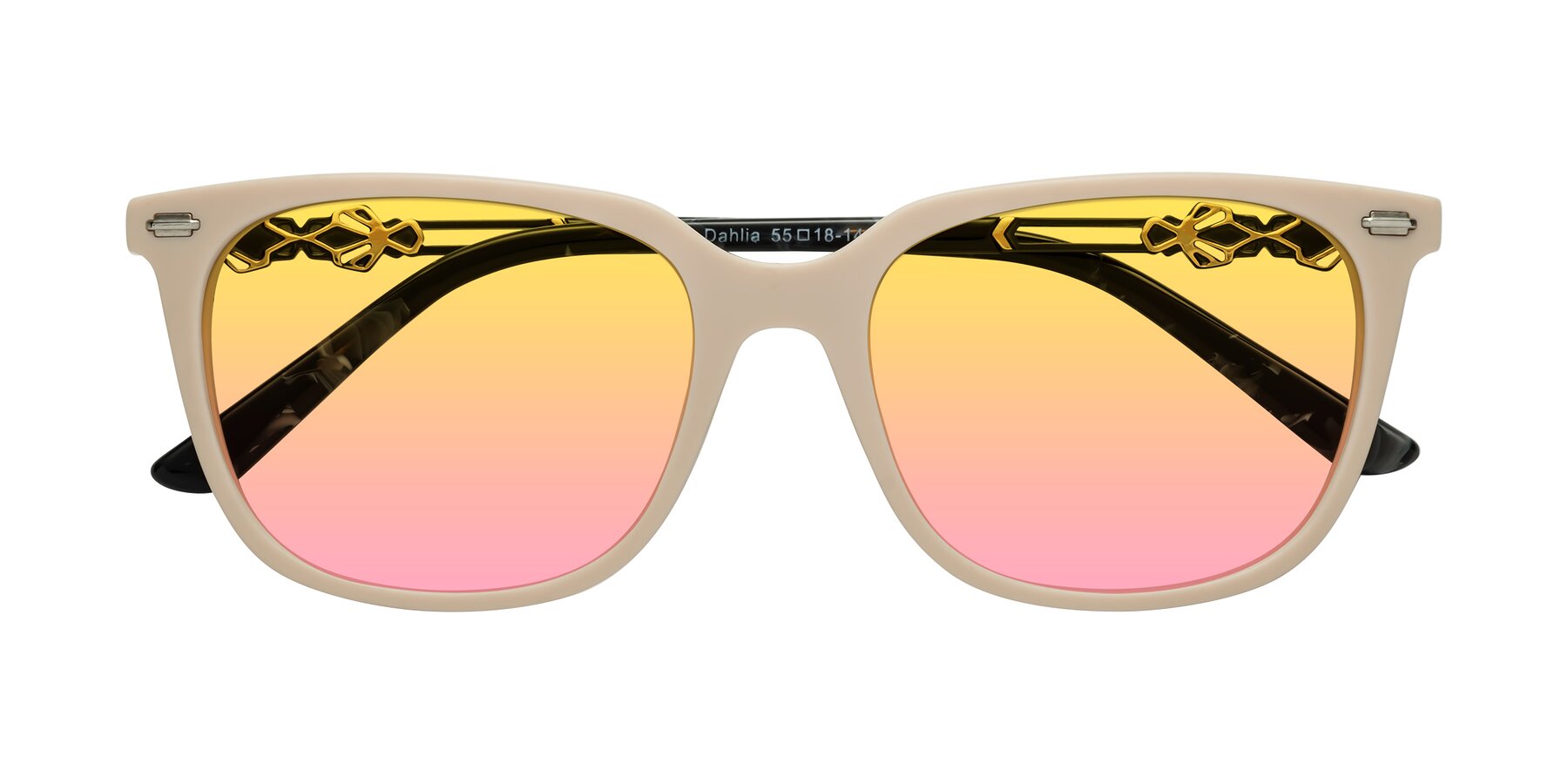 Folded Front of Dahlia in Ivory pink with Yellow / Pink Gradient Lenses