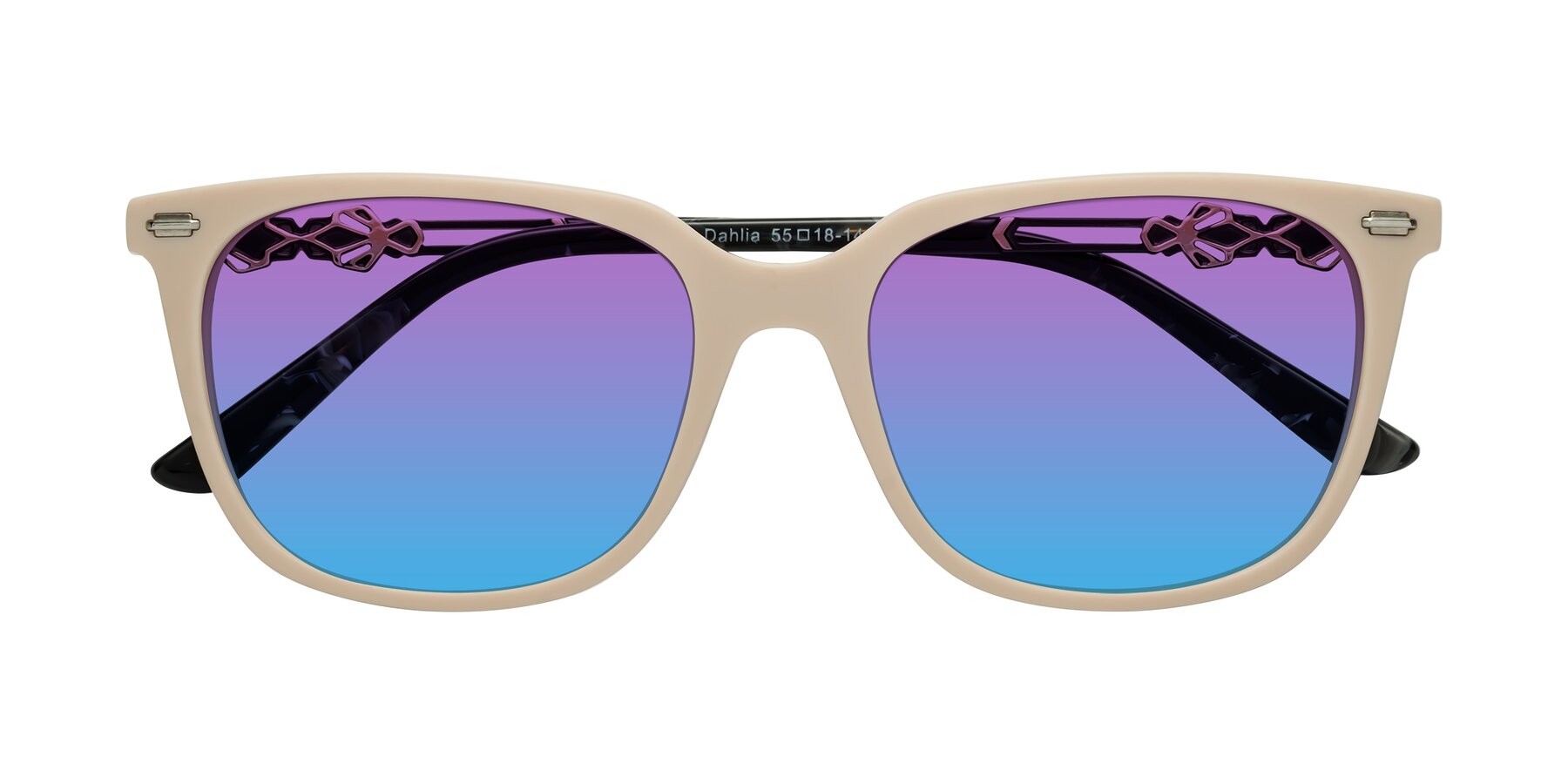 Folded Front of Dahlia in Ivory pink with Purple / Blue Gradient Lenses