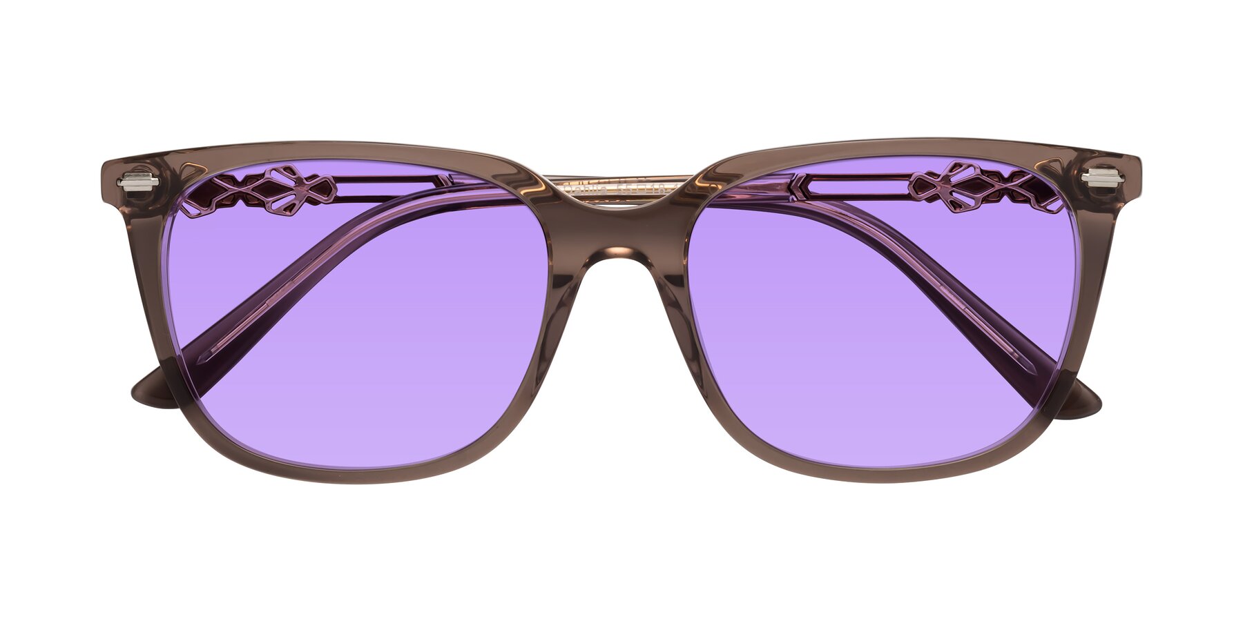 Folded Front of Dahlia in Rose Taupe with Medium Purple Tinted Lenses