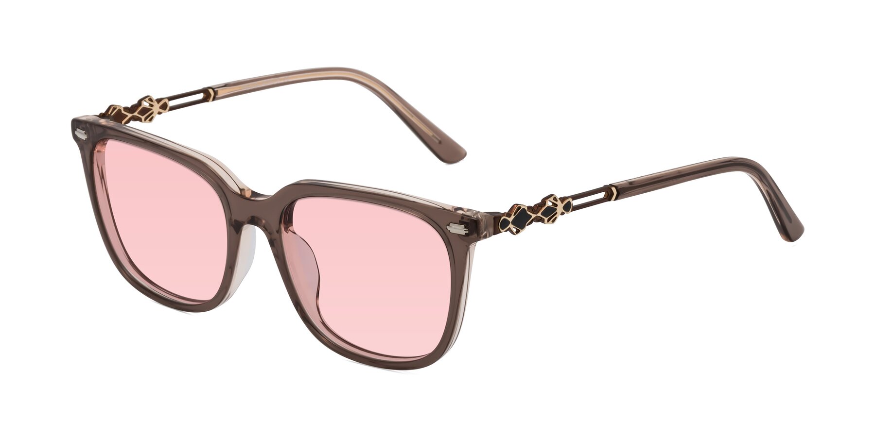 Angle of Dahlia in Rose Taupe with Light Garnet Tinted Lenses