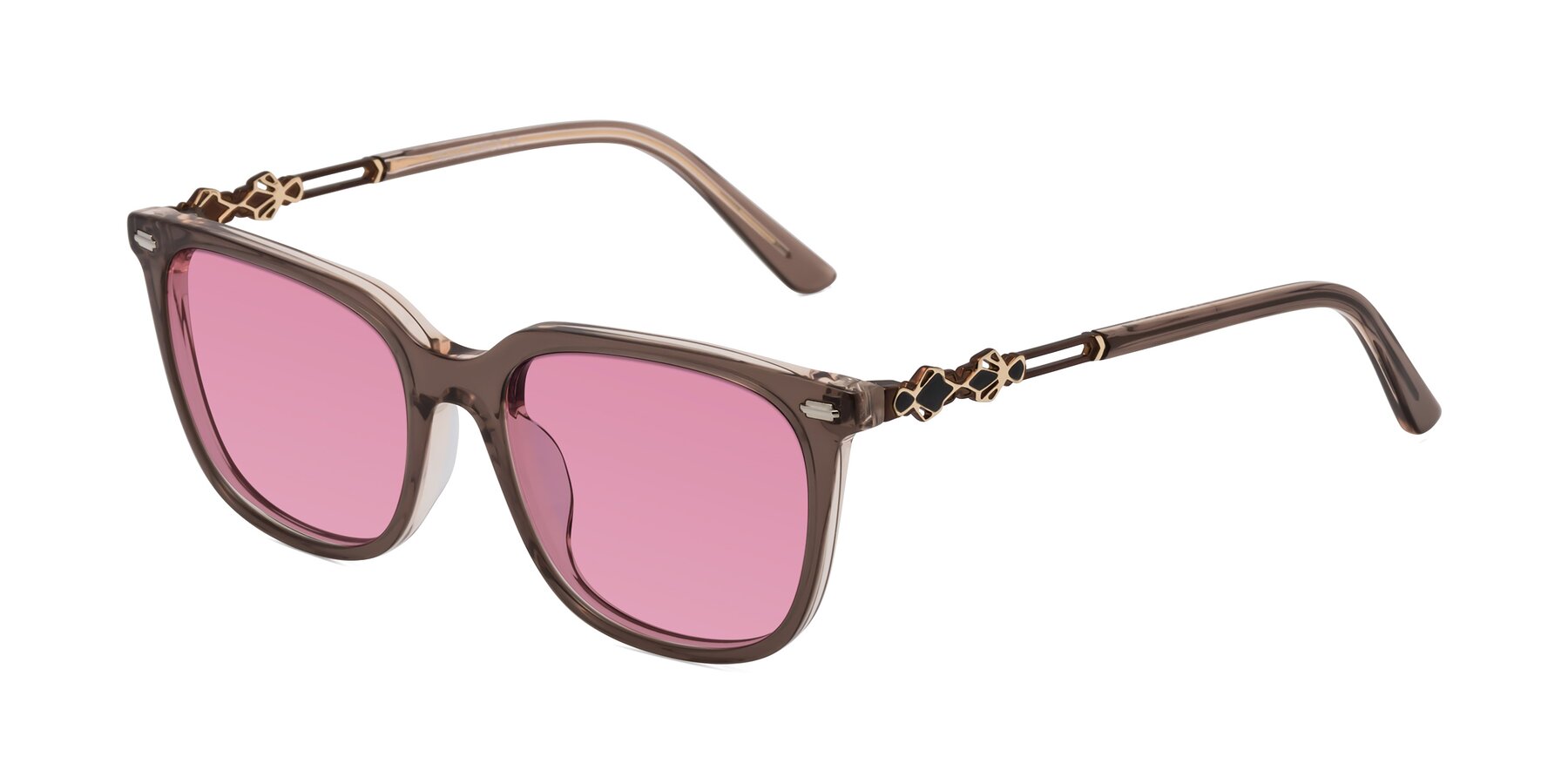 Angle of Dahlia in Rose Taupe with Medium Wine Tinted Lenses