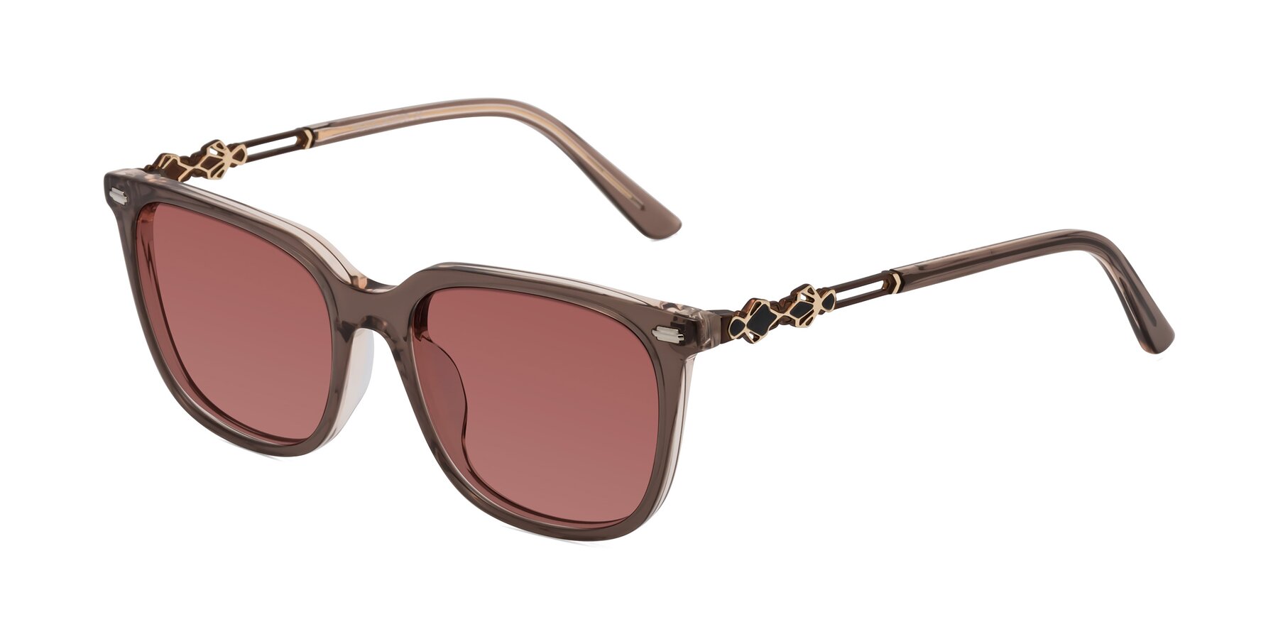 Angle of Dahlia in Rose Taupe with Garnet Tinted Lenses