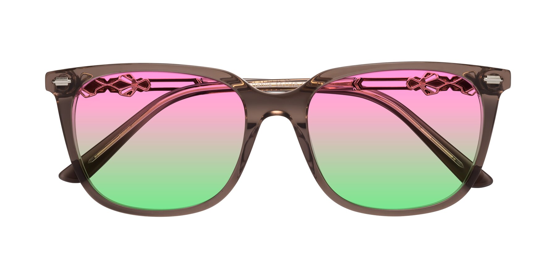 Folded Front of Dahlia in Rose Taupe with Pink / Green Gradient Lenses