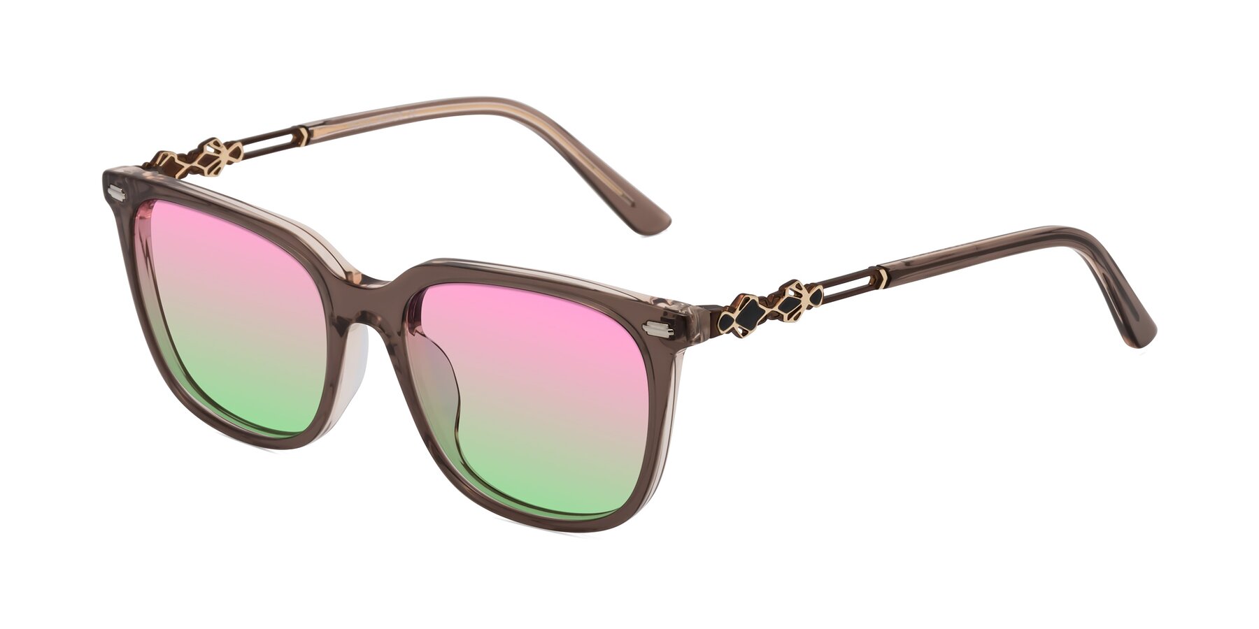 Angle of Dahlia in Rose Taupe with Pink / Green Gradient Lenses