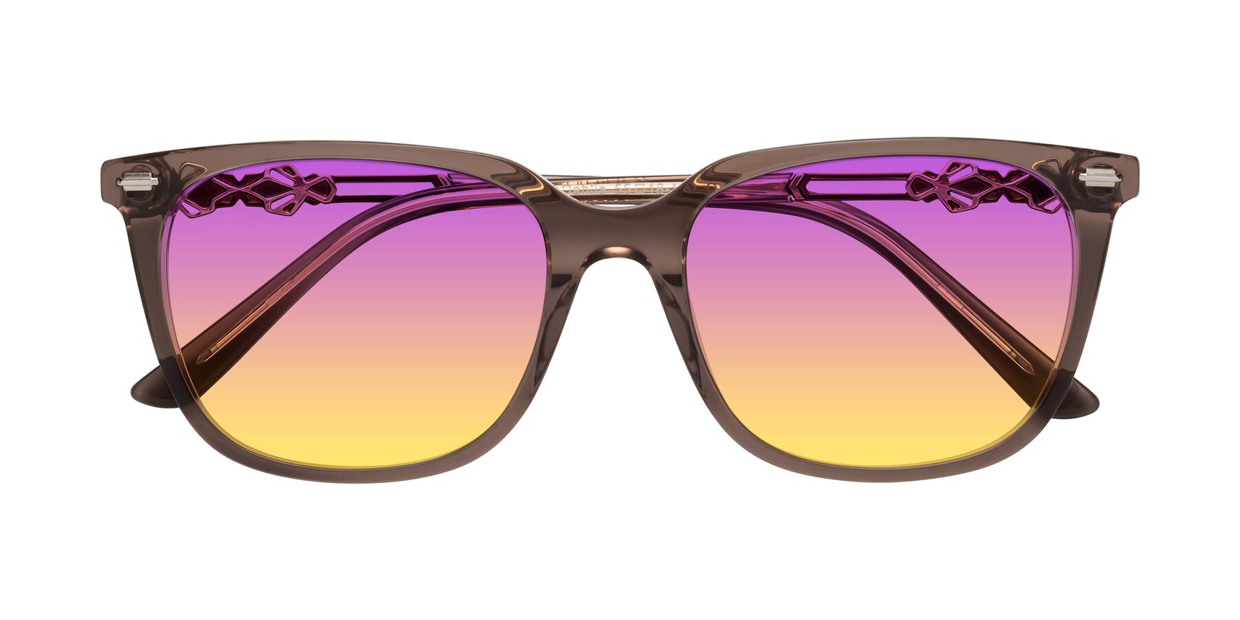 Folded Front of Dahlia in Rose Taupe with Purple / Yellow Gradient Lenses