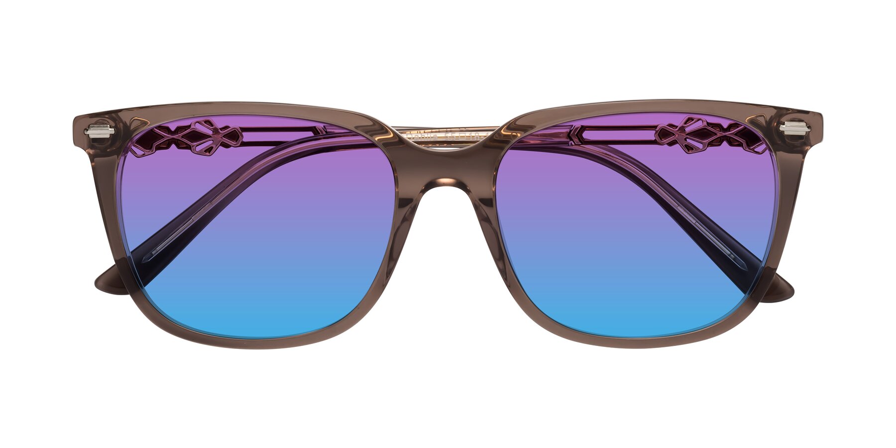 Folded Front of Dahlia in Rose Taupe with Purple / Blue Gradient Lenses