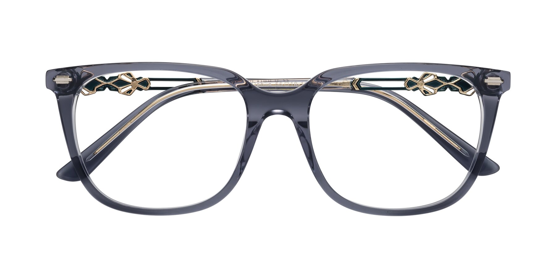 Folded Front of Dahlia in Blue Gray with Clear Eyeglass Lenses