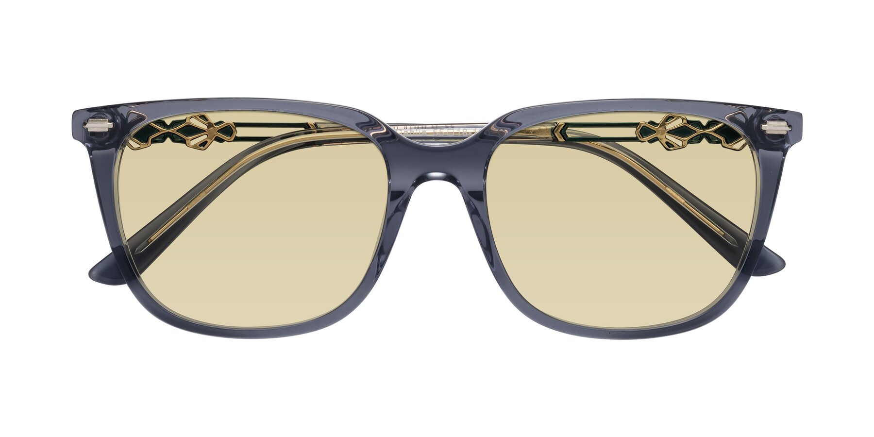 Folded Front of Dahlia in Blue Gray with Light Champagne Tinted Lenses