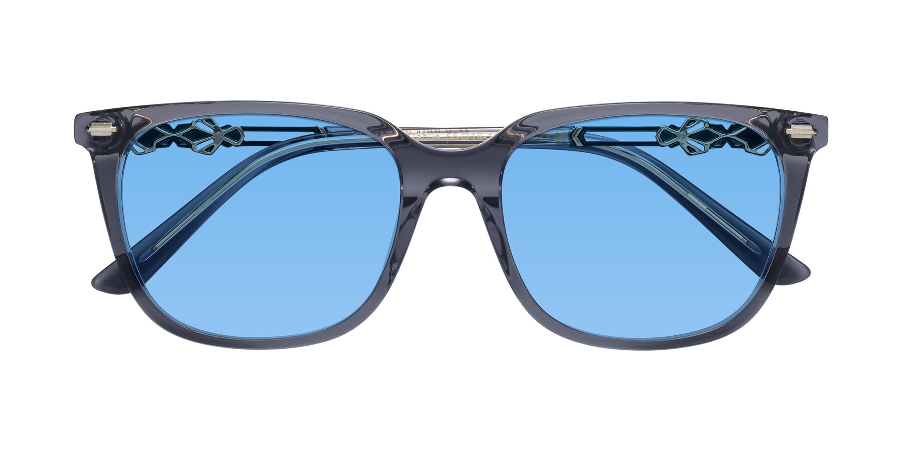 Folded Front of Dahlia in Blue Gray with Medium Blue Tinted Lenses