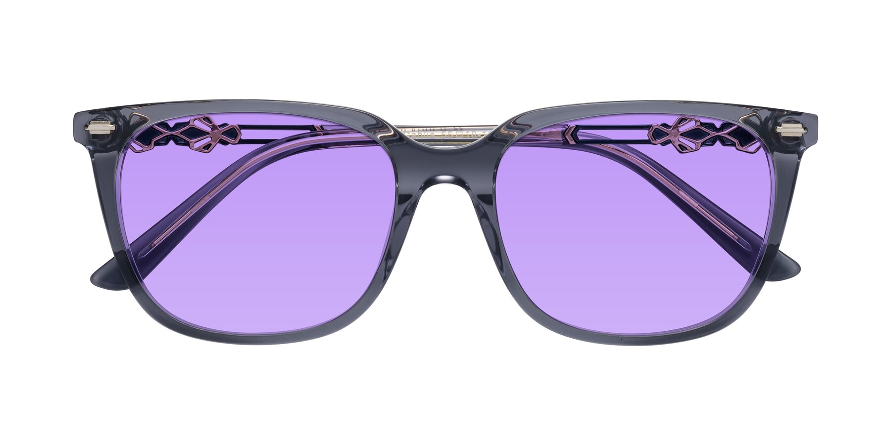 Folded Front of Dahlia in Blue Gray with Medium Purple Tinted Lenses