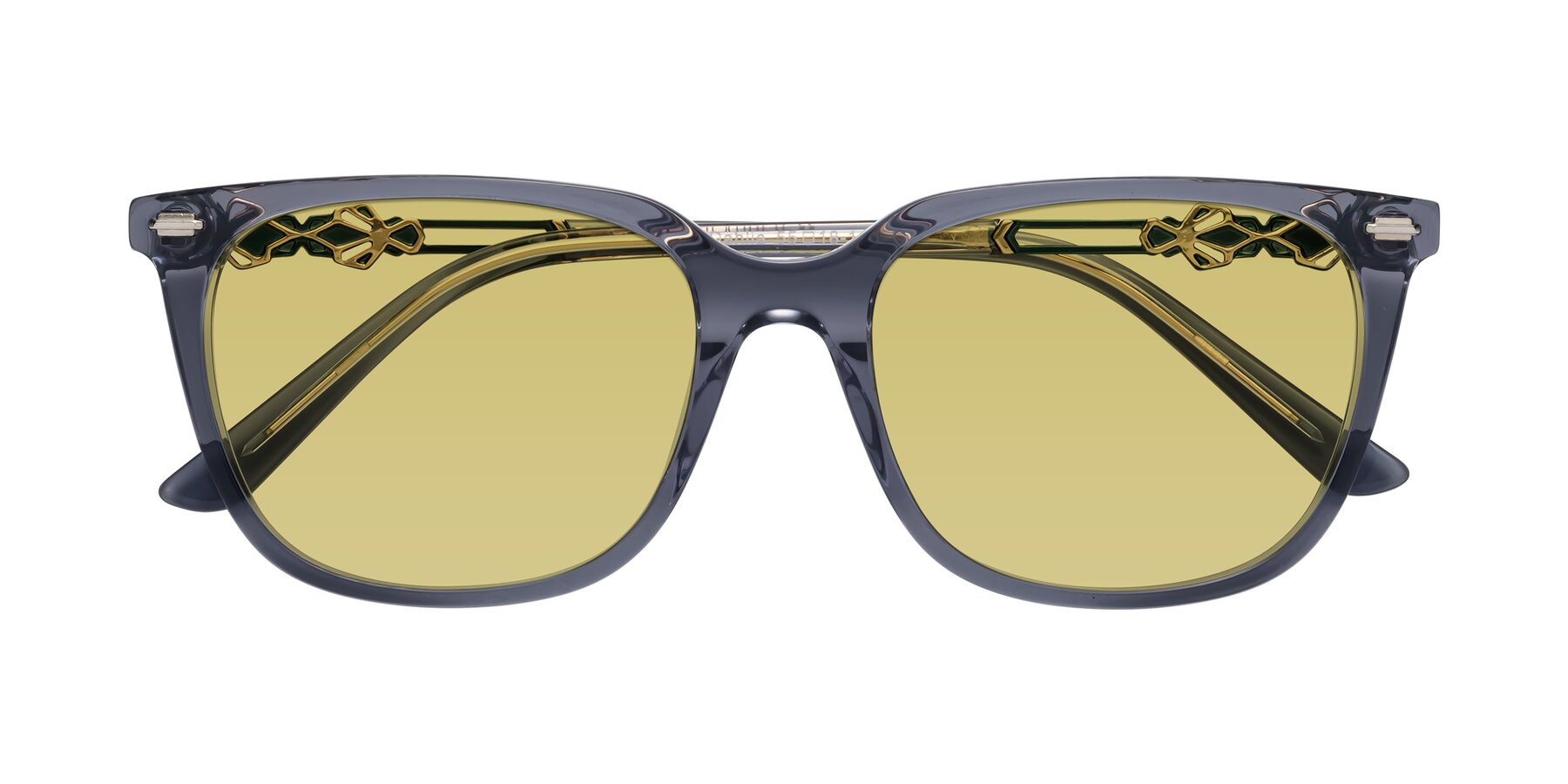 Folded Front of Dahlia in Blue Gray with Medium Champagne Tinted Lenses