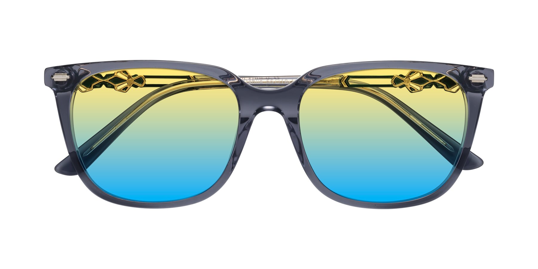 Folded Front of Dahlia in Blue Gray with Yellow / Blue Gradient Lenses