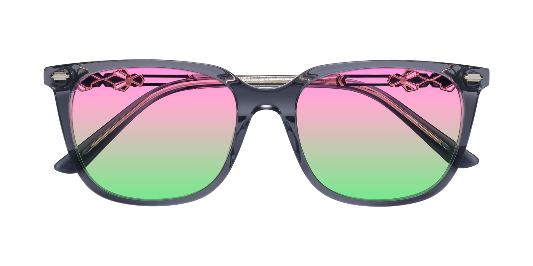 Folded Front of Dahlia in Blue Gray with Pink / Green Gradient Lenses