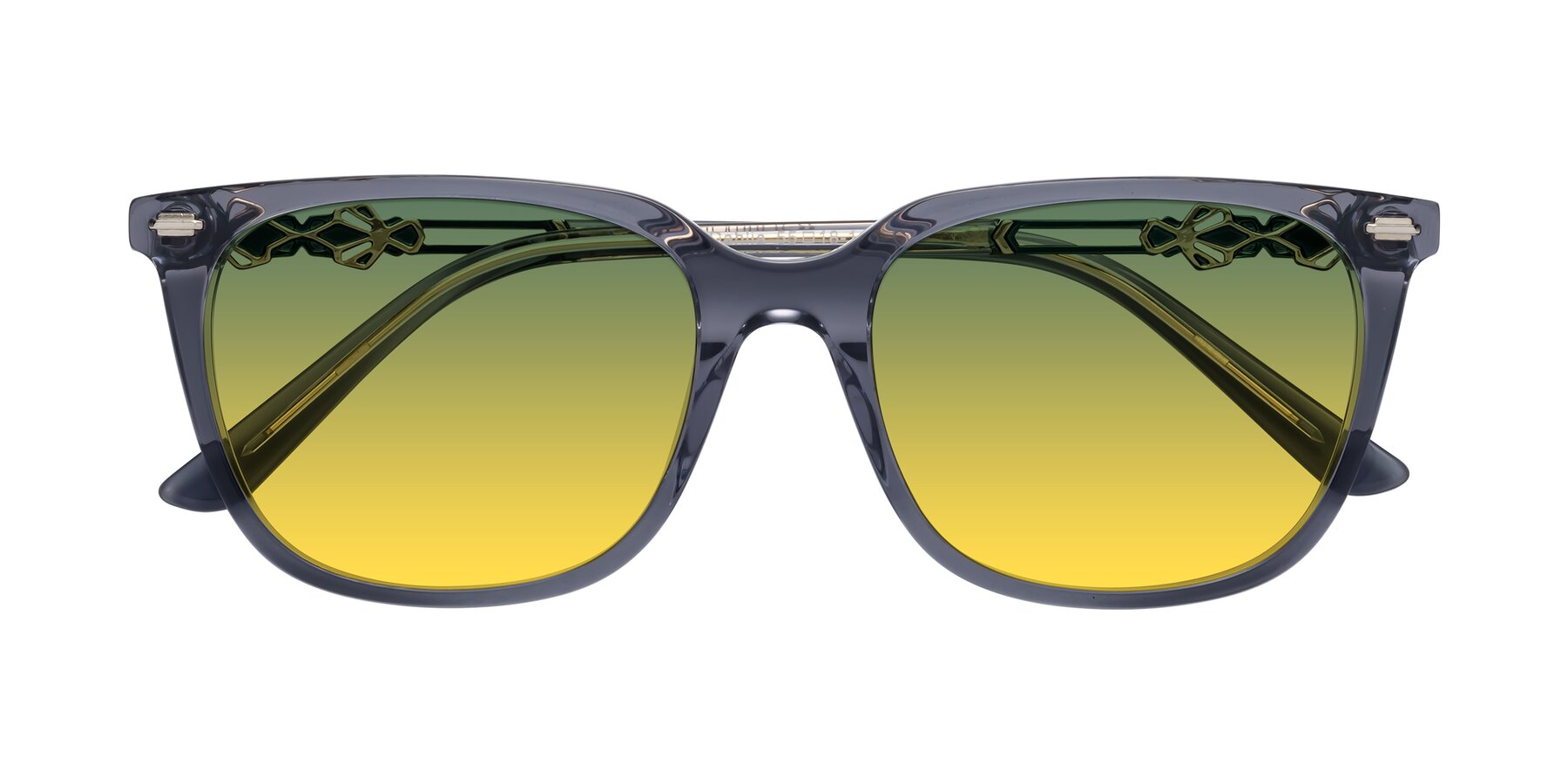 Folded Front of Dahlia in Blue Gray with Green / Yellow Gradient Lenses