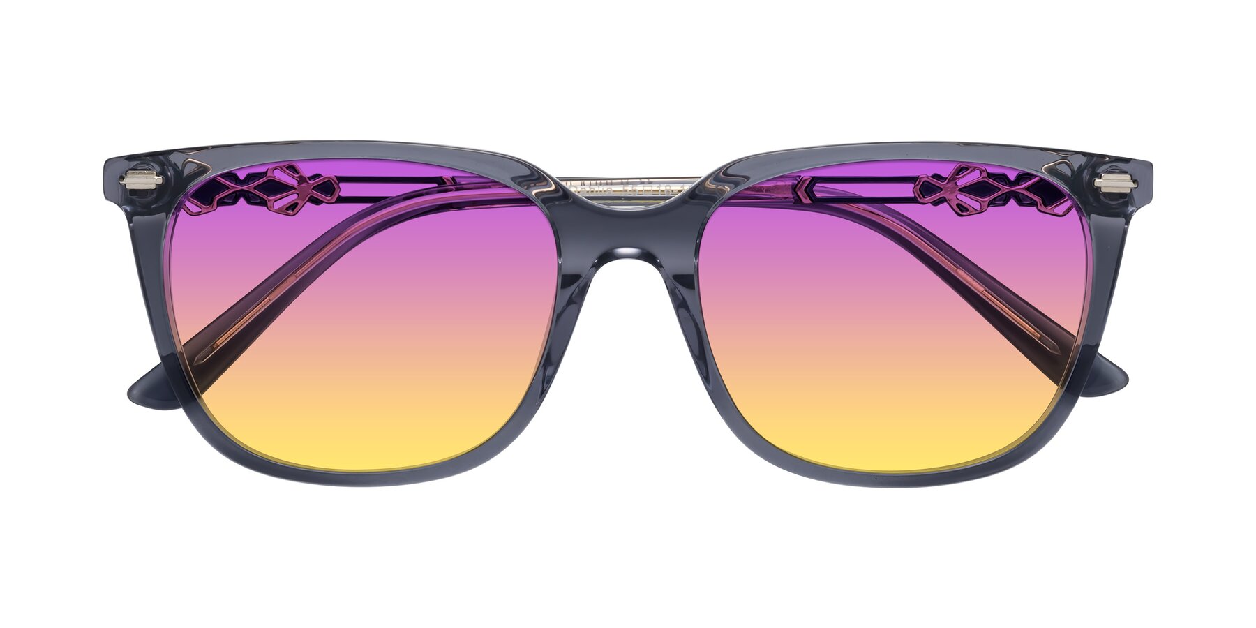 Folded Front of Dahlia in Blue Gray with Purple / Yellow Gradient Lenses