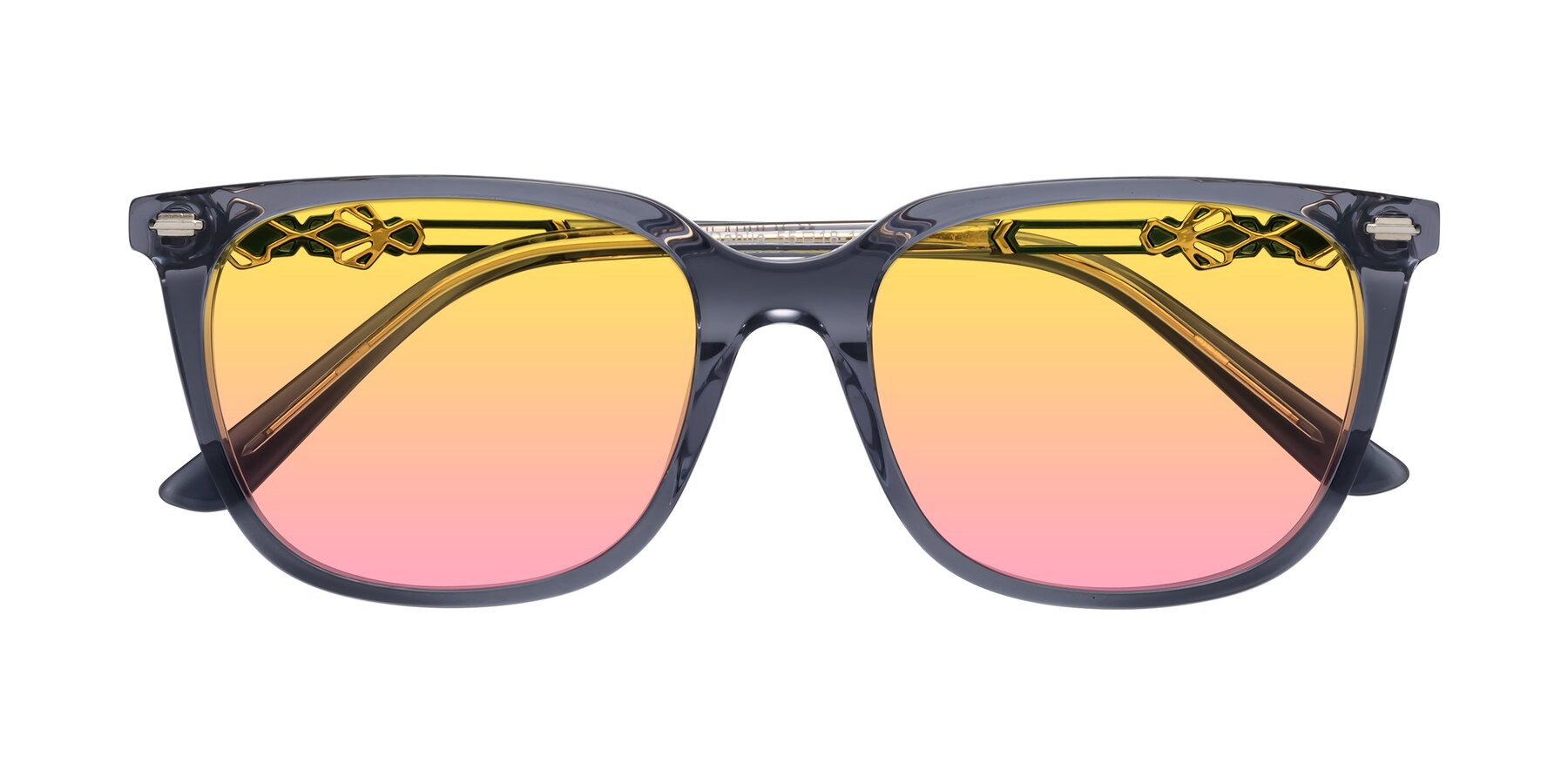 Folded Front of Dahlia in Blue Gray with Yellow / Pink Gradient Lenses